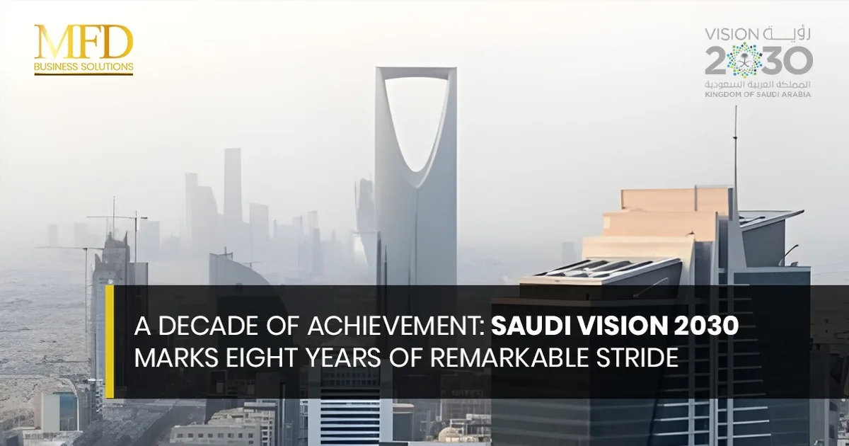 صورة رمزية لرؤية 2030 تظهر إنجازات مثل السياحة وتمكين المرأة وتحديات مثل الطاقة المتجددة والقطاع الخاص